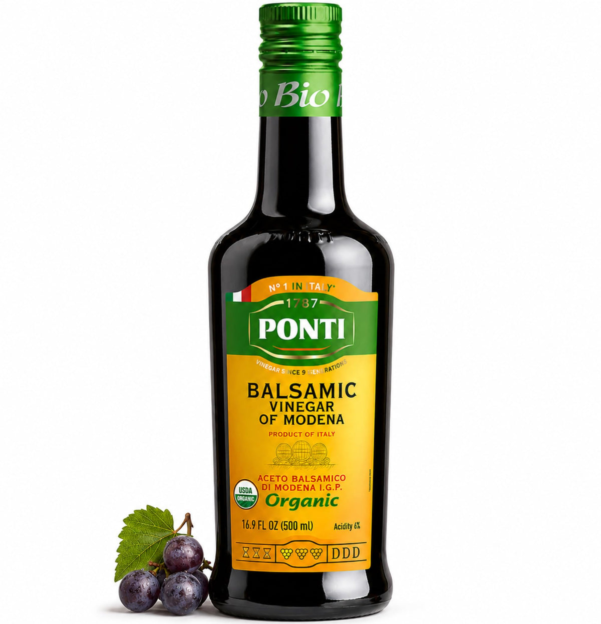 PONTI bottle front label showing organic Modena vinegar benefits