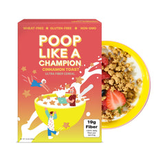 Poop Like a Champion front pack showing cinnamon toast flavor and benefits