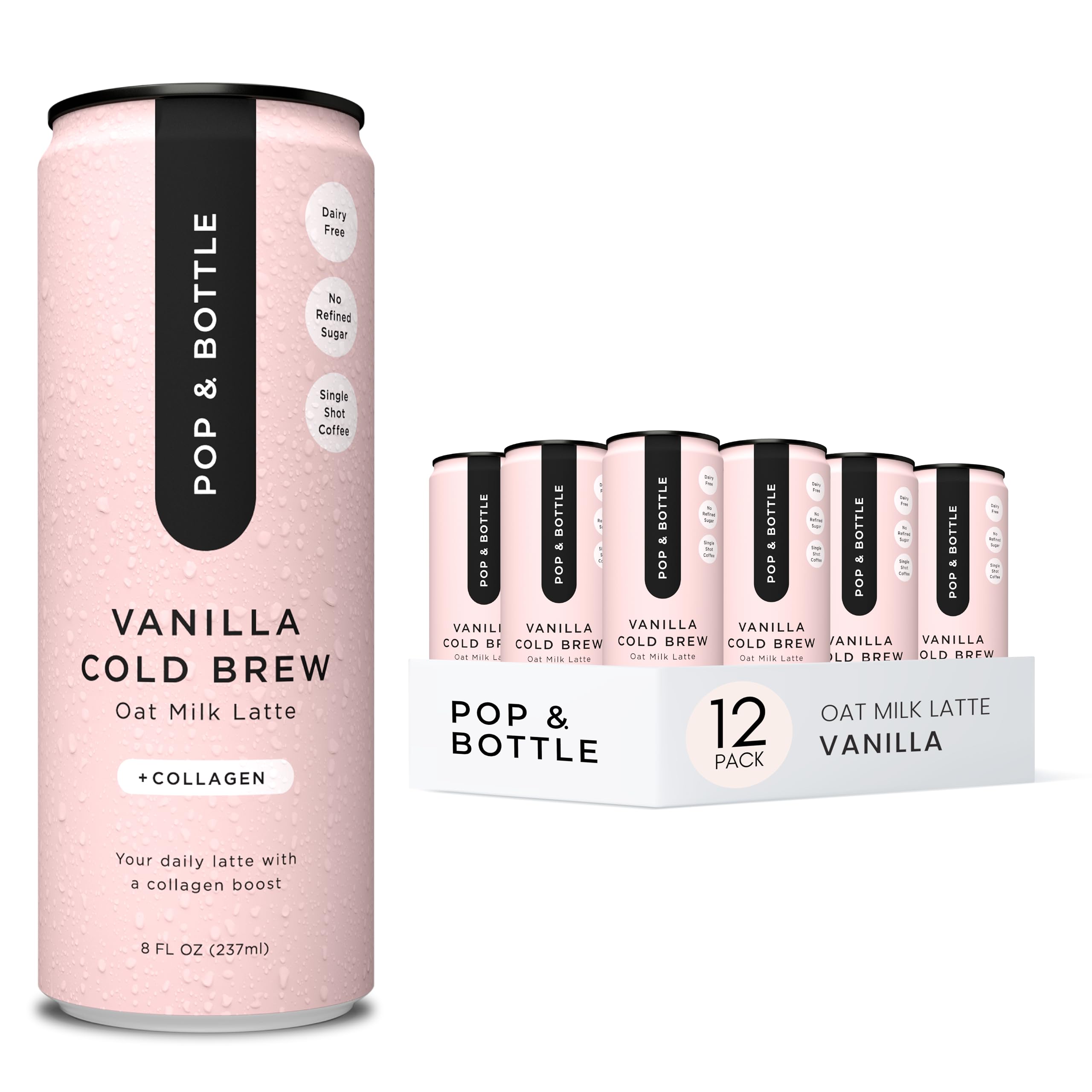 Pop & Bottle front packaging showing vanilla oat latte, convenient grab-and-go