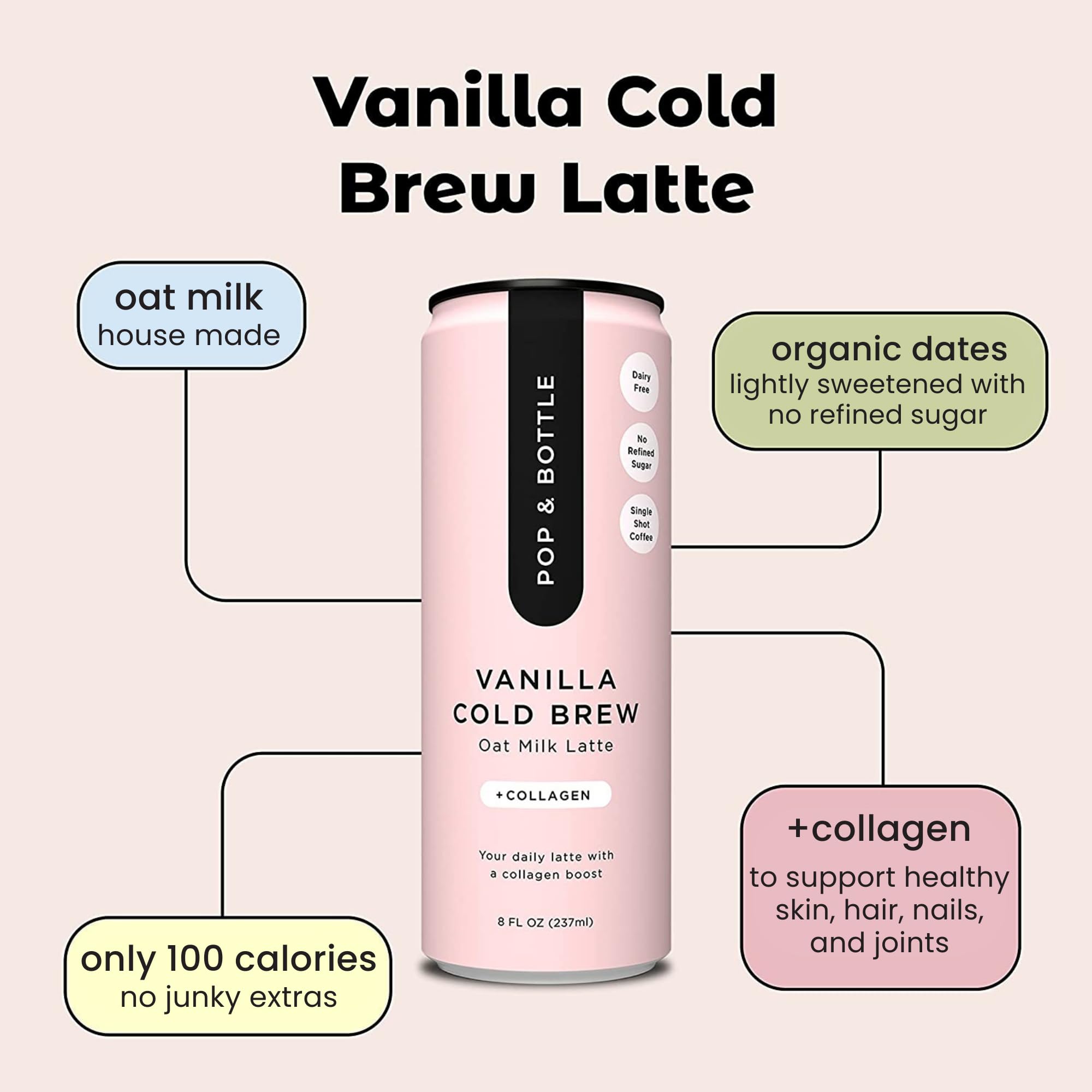 Pop & Bottle poured over ice demonstrating refreshing chilled vanilla latte benefit