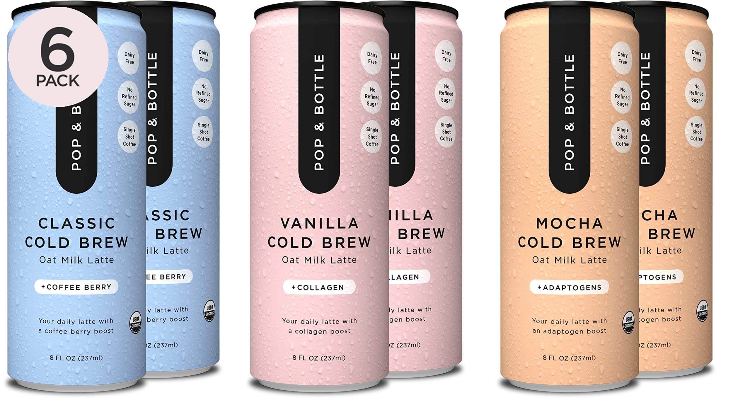 Pop & Bottle variety pack front view showing three flavors and benefits