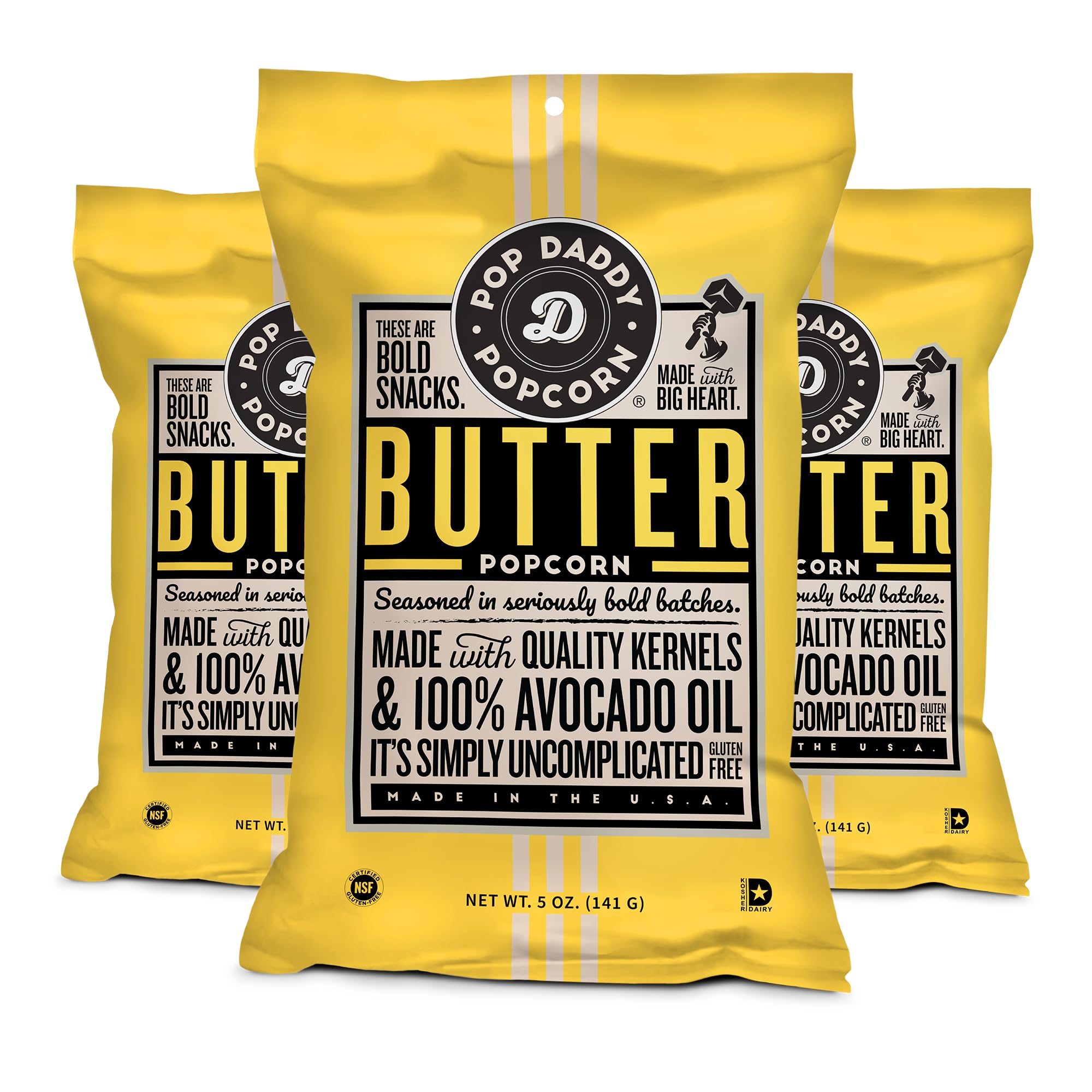 POP DADDY ·POPCORN· front packaging showing butter flavor and three 5oz bags for convenience