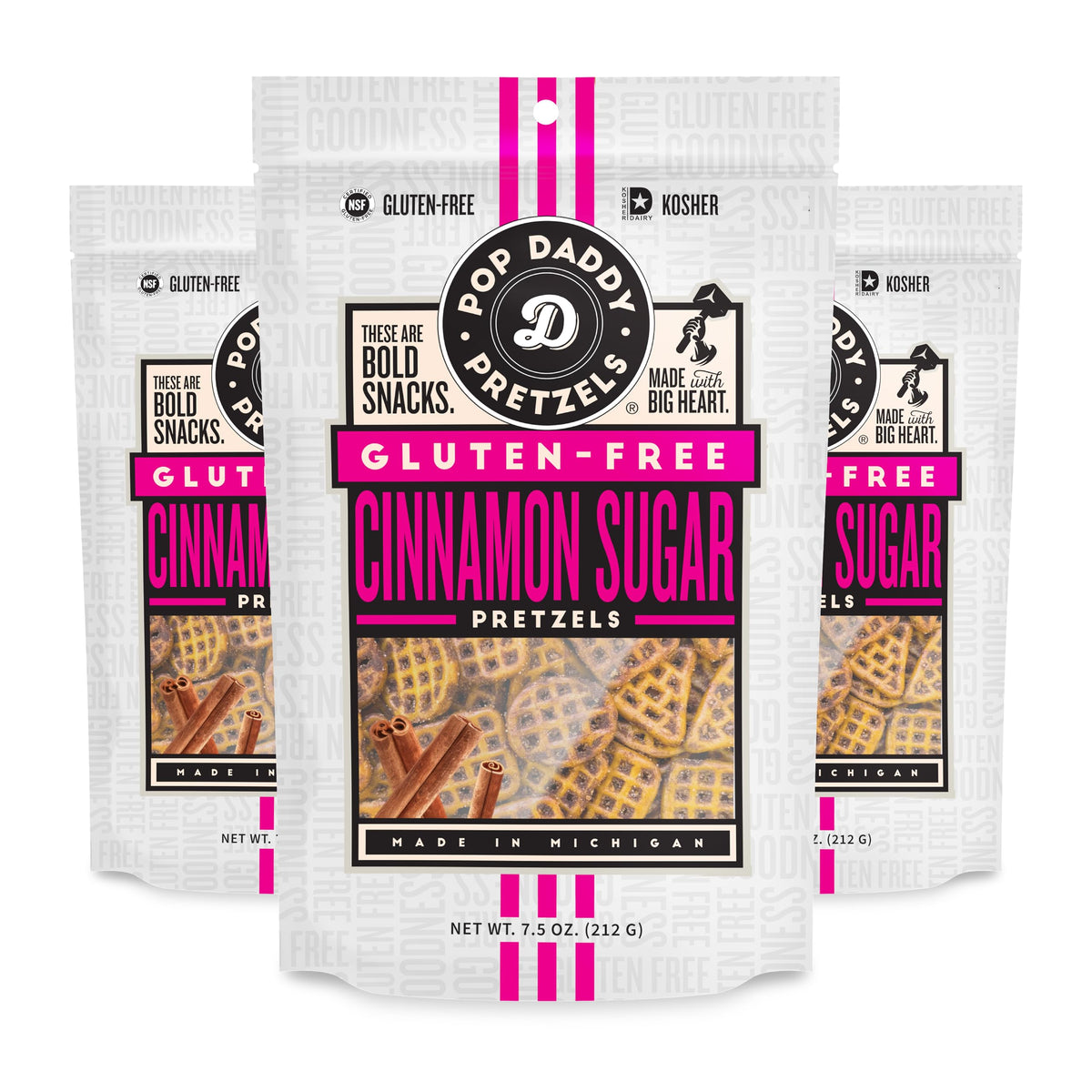 Pop Daddy front packaging showing three cinnamon sugar bags and brand clarity