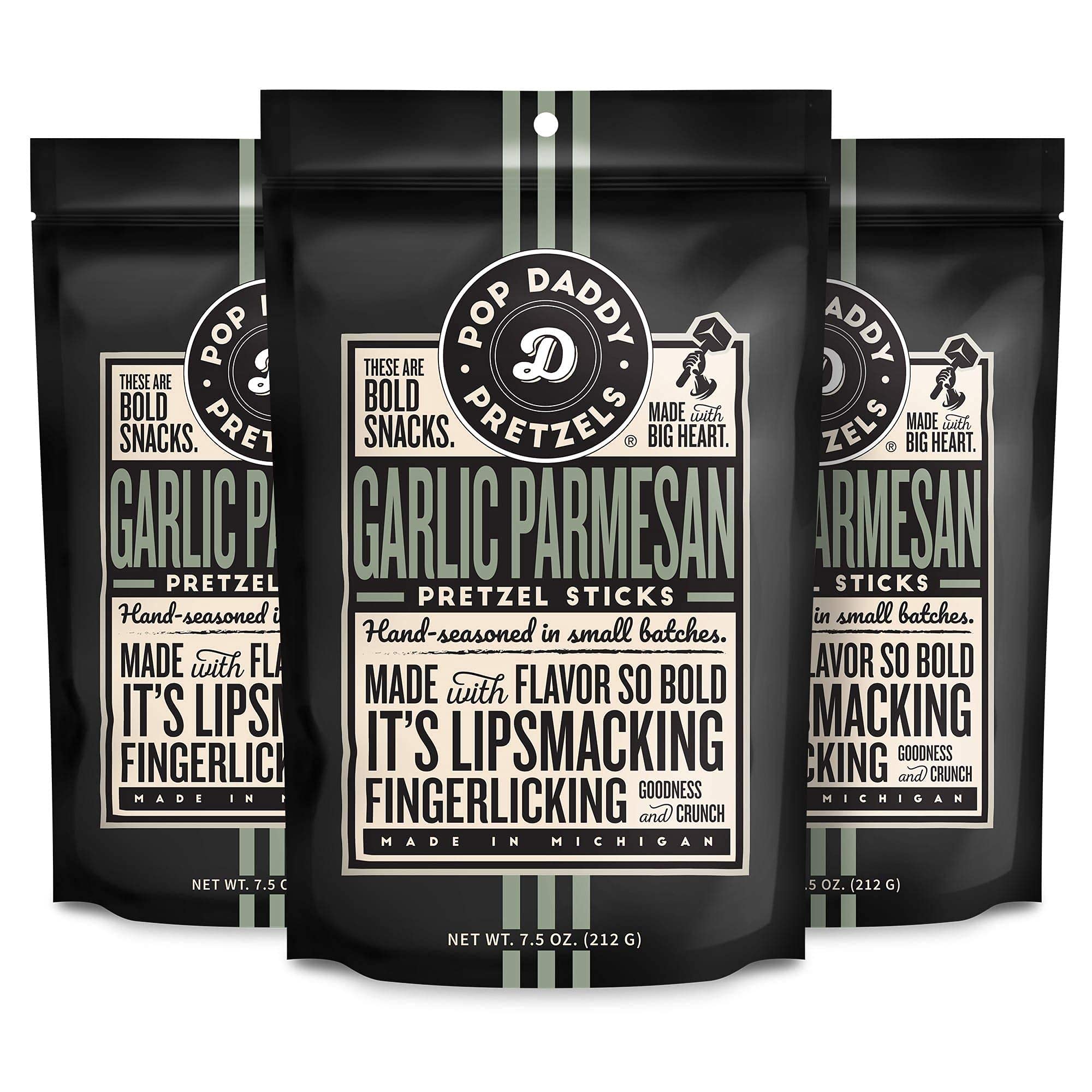 Pop Daddy front packaging showing garlic parmesan flavor and resealable benefit
