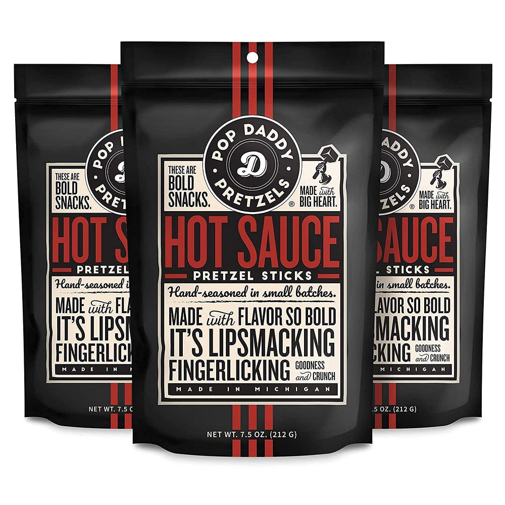 Pop Daddy front packaging showing three 7.5oz hot sauce pretzel bags and bold branding for convenience