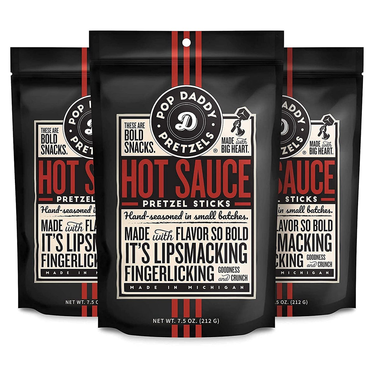 Pop Daddy front packaging showing three 7.5oz hot sauce pretzel bags and bold branding for convenience
