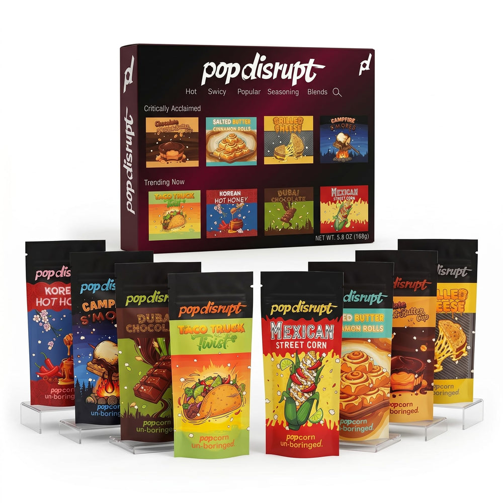 Pop Disrupt front packaging showing eight-seasoning gift box and variety