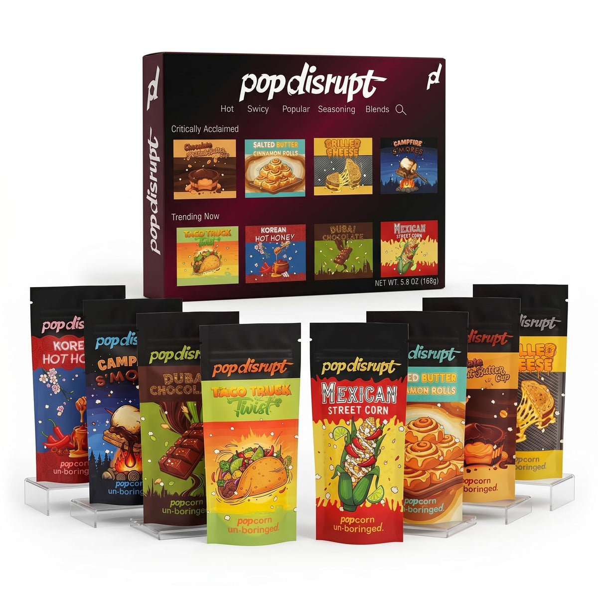 Pop Disrupt front packaging showing eight-seasoning gift box and variety