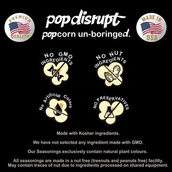 Pop Disrupt seasoning being sprinkled on popcorn for bold, even coverage