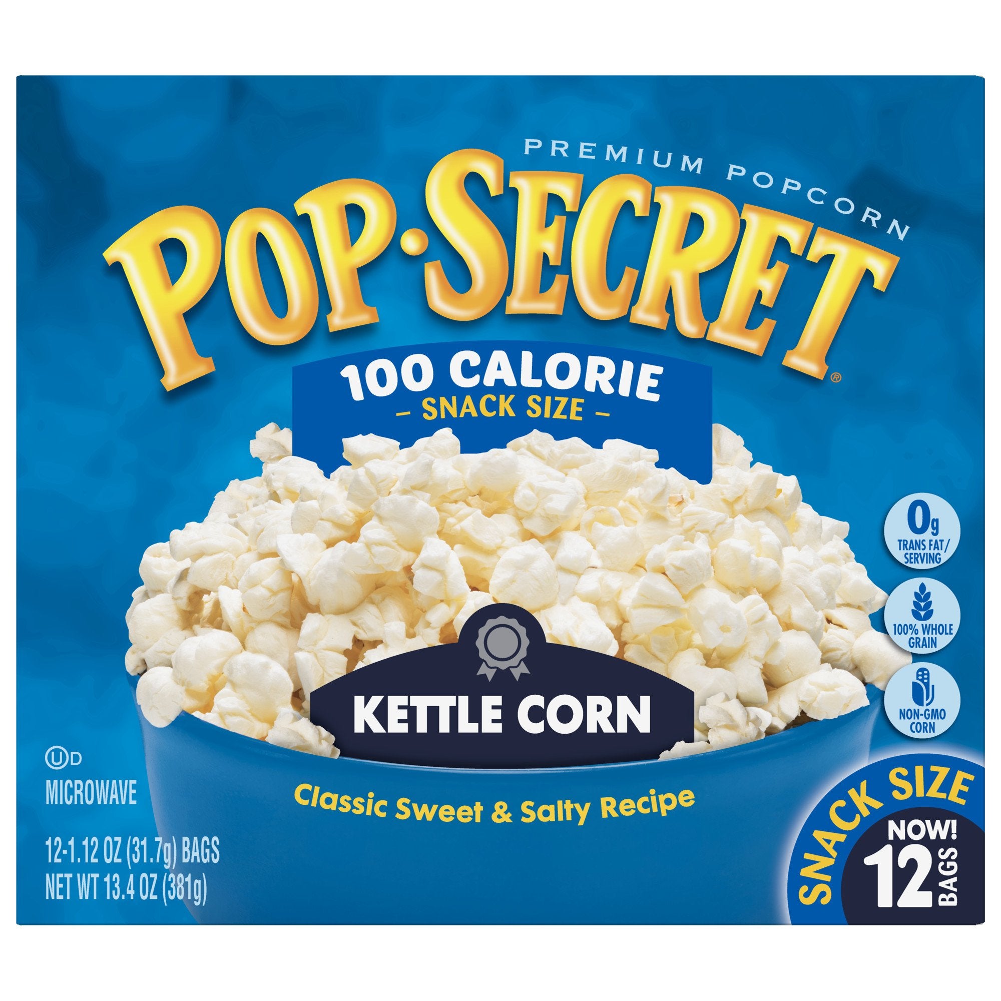 Pop Secret front box showing kettle corn packaging and family-size convenience