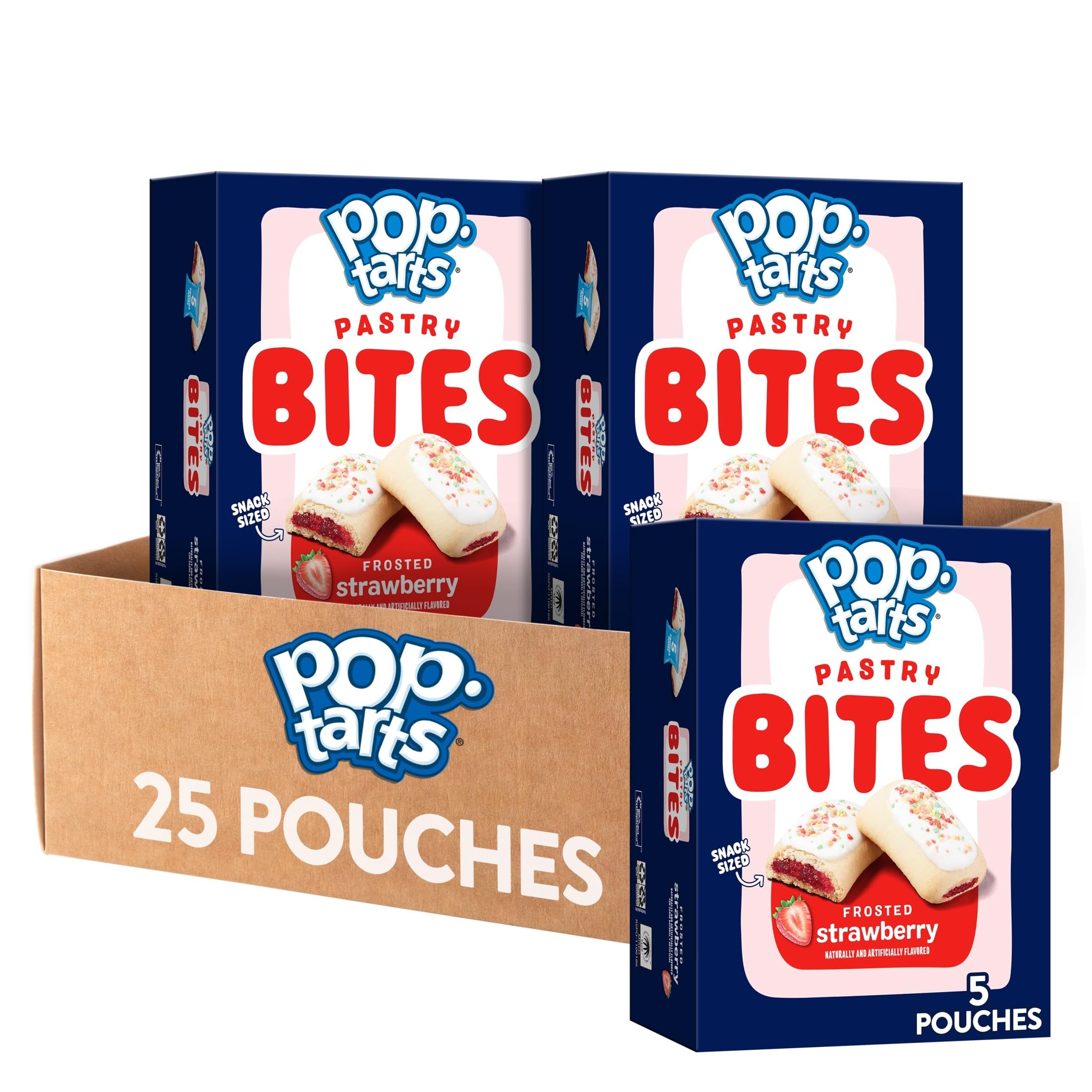 Pop-Tarts front packaging showing Pop-Tarts Bites Frosted Strawberry and convenience benefit