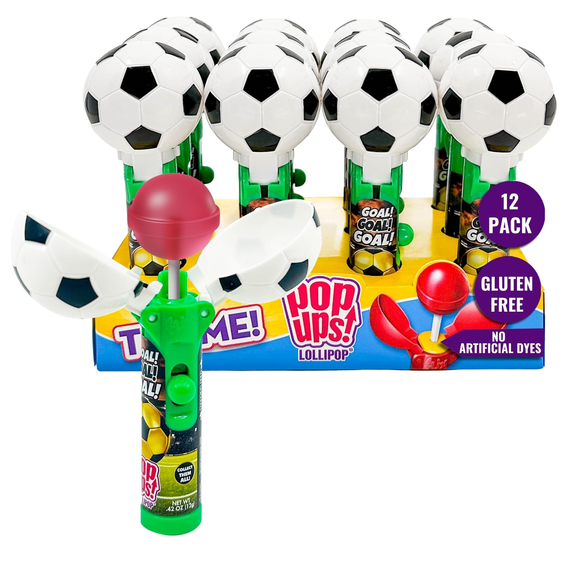 POP UPS! soccer front packaging showing 12 lollipop holders and clear branding, convenient bulk set