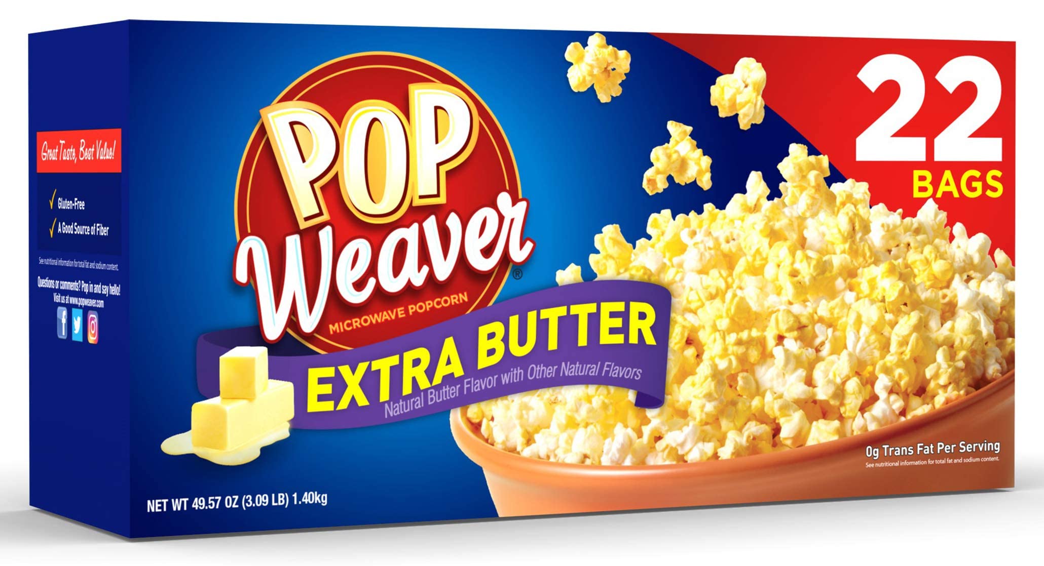 Pop Weaver front packaging showing 22 bags and branding for convenience