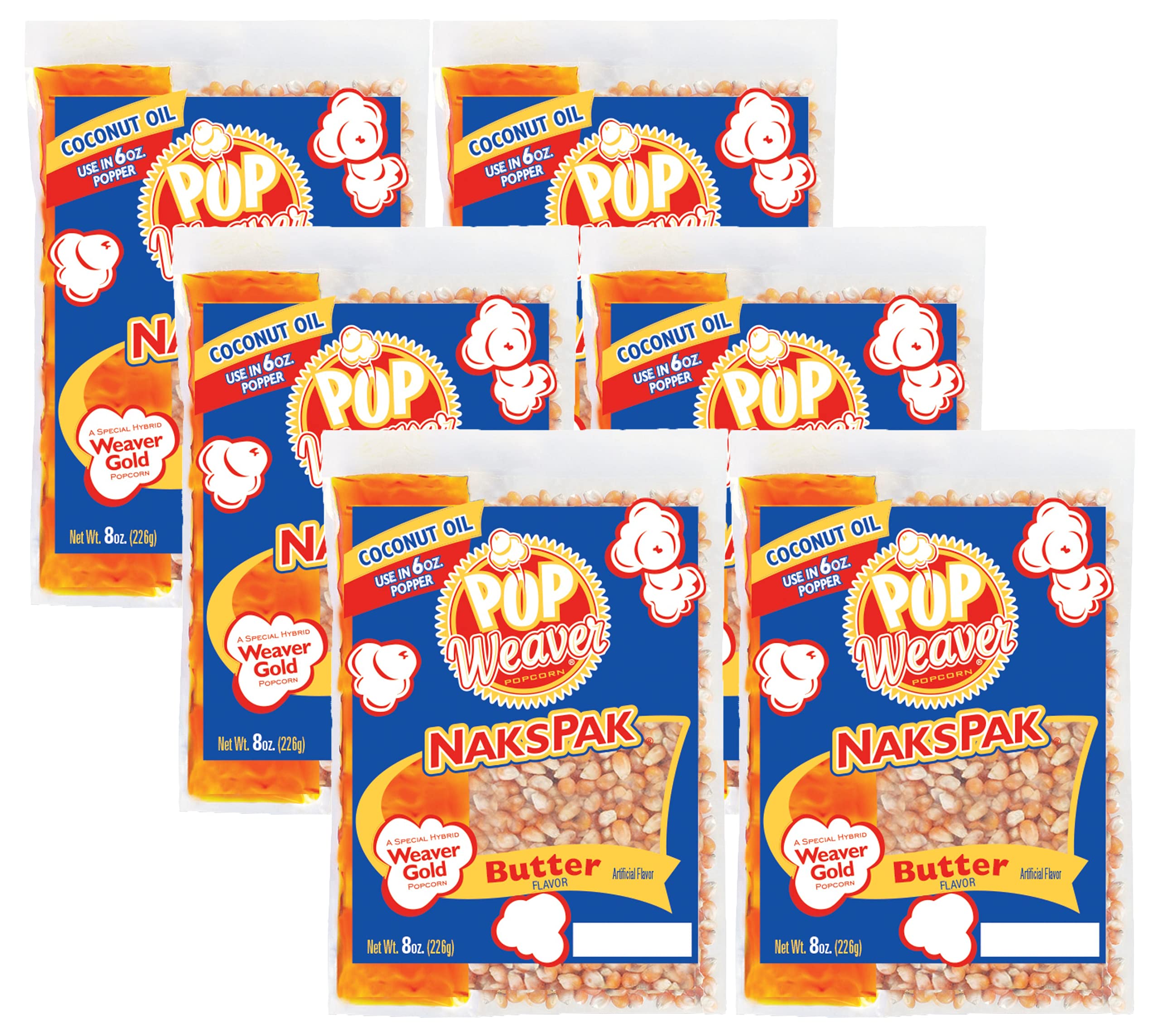 Pop Weaver front packaging showing six butter-flavored coconut oil packs for easy serving