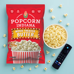 Popcorn, Indiana opened bag with fluffy kernels ready to eat and share