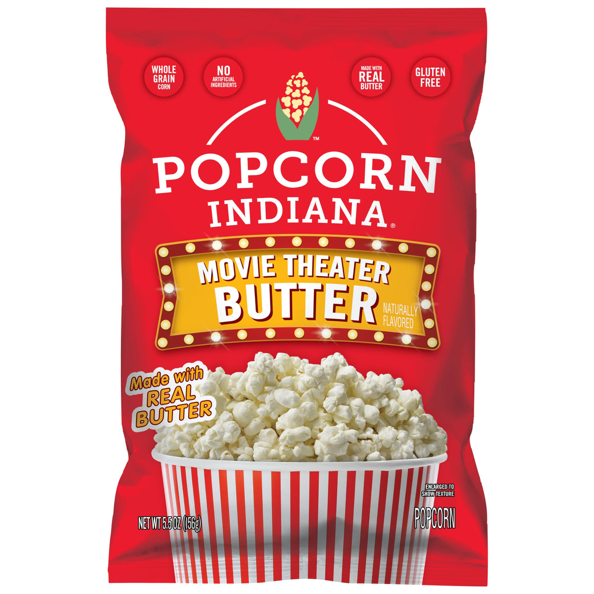 Popcorn, Indiana front packaging showing six 3 oz butter bags and easy grab convenience