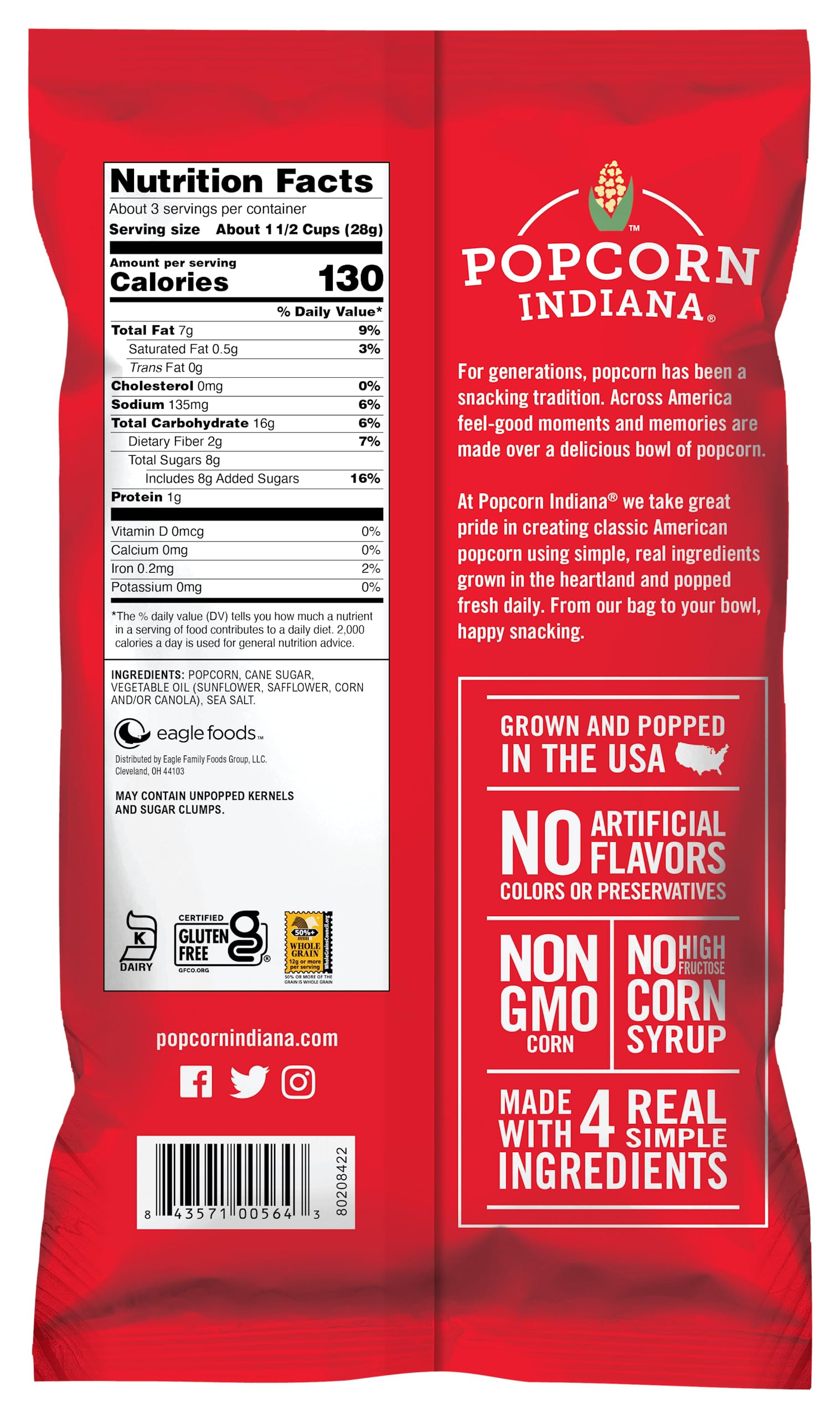 Popcorn, Indiana ingredient label close-up showing simple, real-butter ingredients