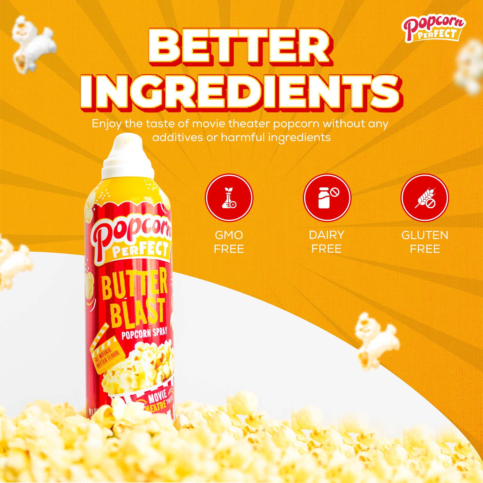Popcorn Perfect spraying onto popcorn for even buttery flavor benefit