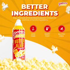Popcorn Perfect spraying onto popcorn for even buttery flavor benefit