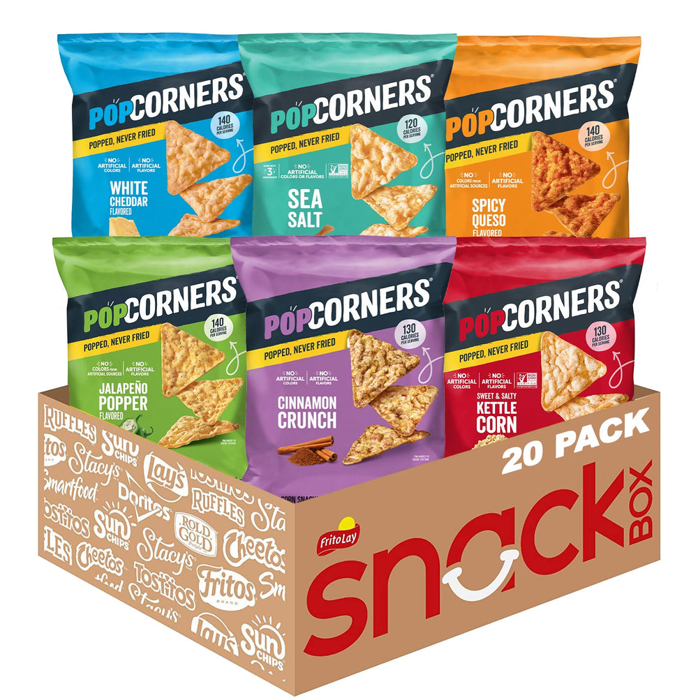 PopCorners front pack showing 20-count variety — easy grab-and-go snacks