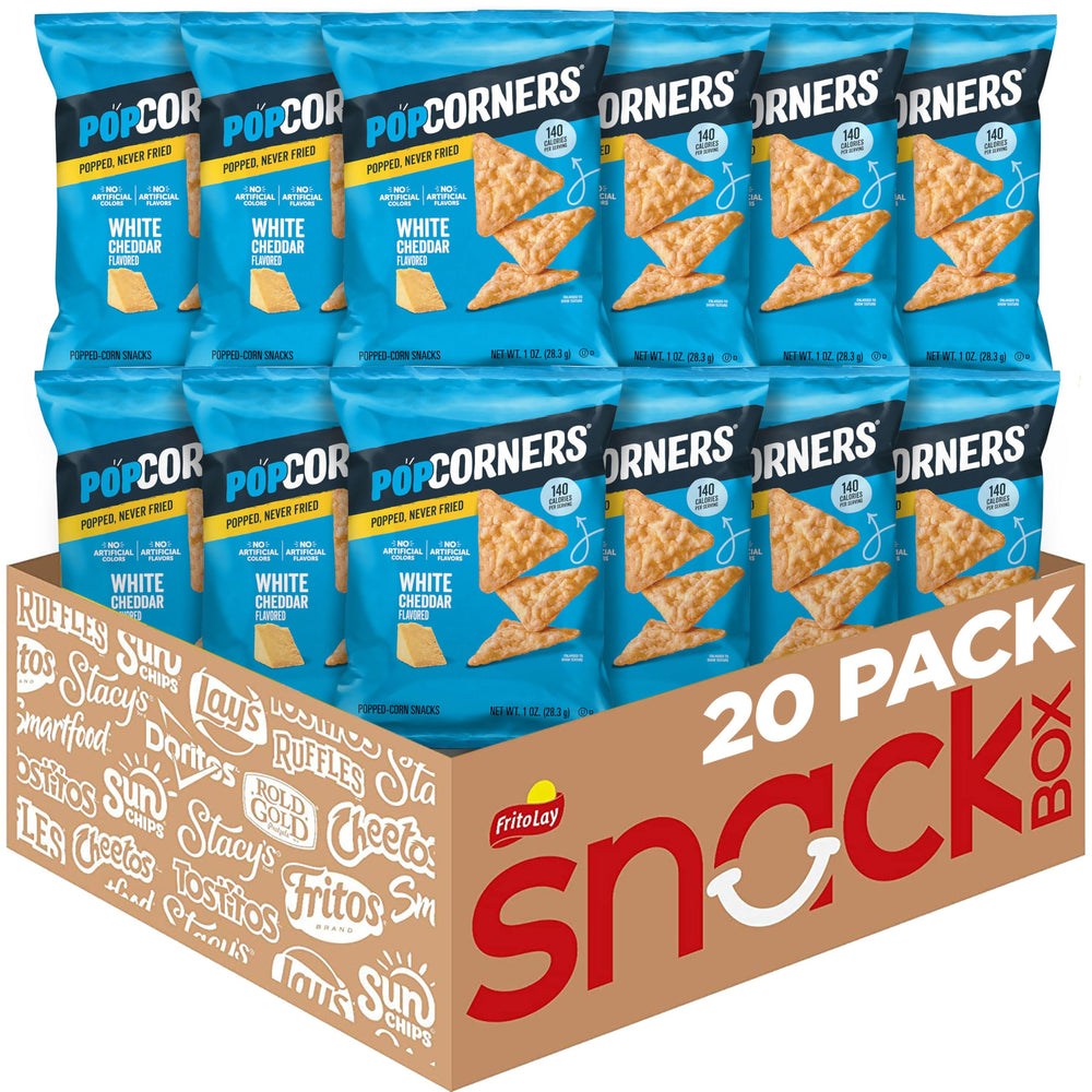 PopCorners front packaging showing brand and white cheddar flavor benefit portable snacking