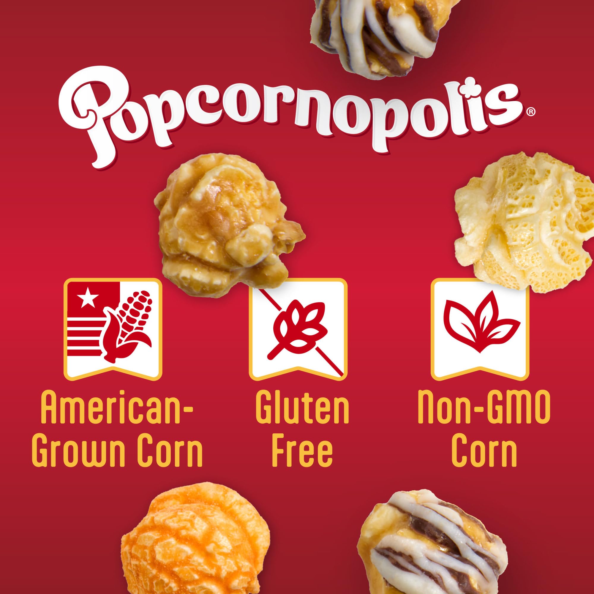 Popcornopolis cheddar popcorn detail showing bold cheese coating and savory appeal