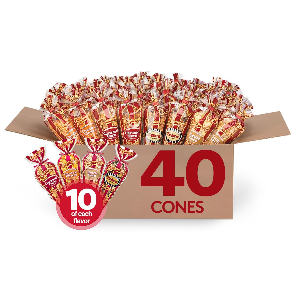 Popcornopolis front box packaging showing 40-count convenience and flavor variety