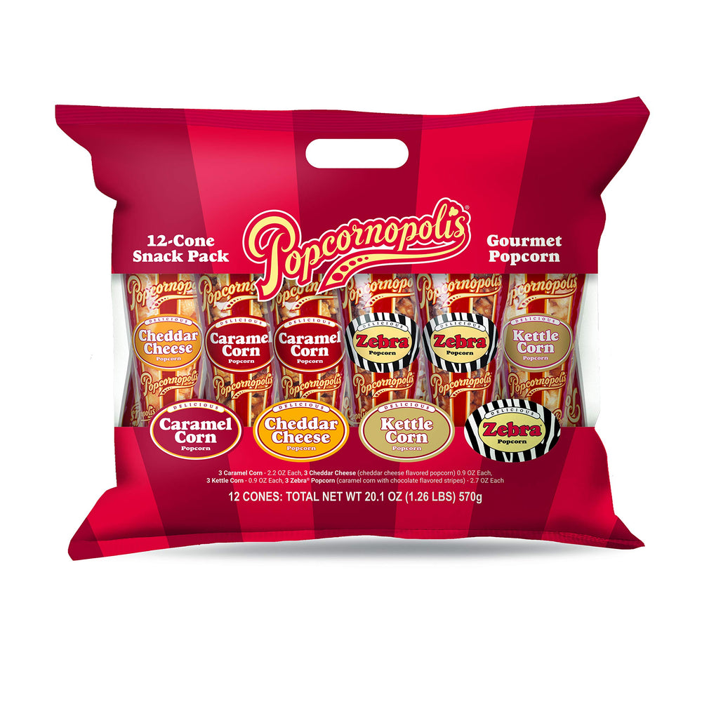 Popcornopolis front packaging showing 12-cone variety pack and gifting appeal