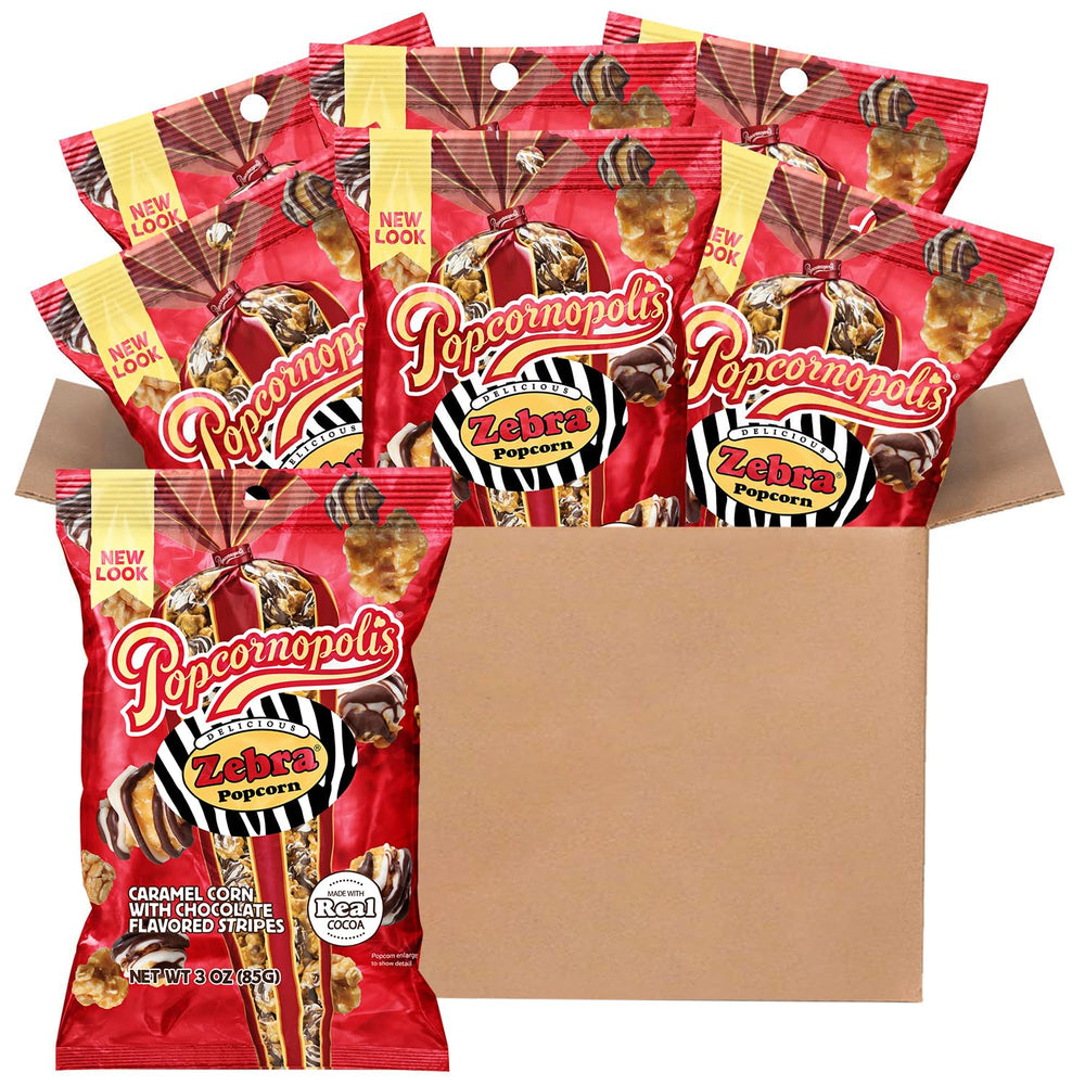 Popcornopolis zebra popcorn front box showing 12-pack for easy gifting