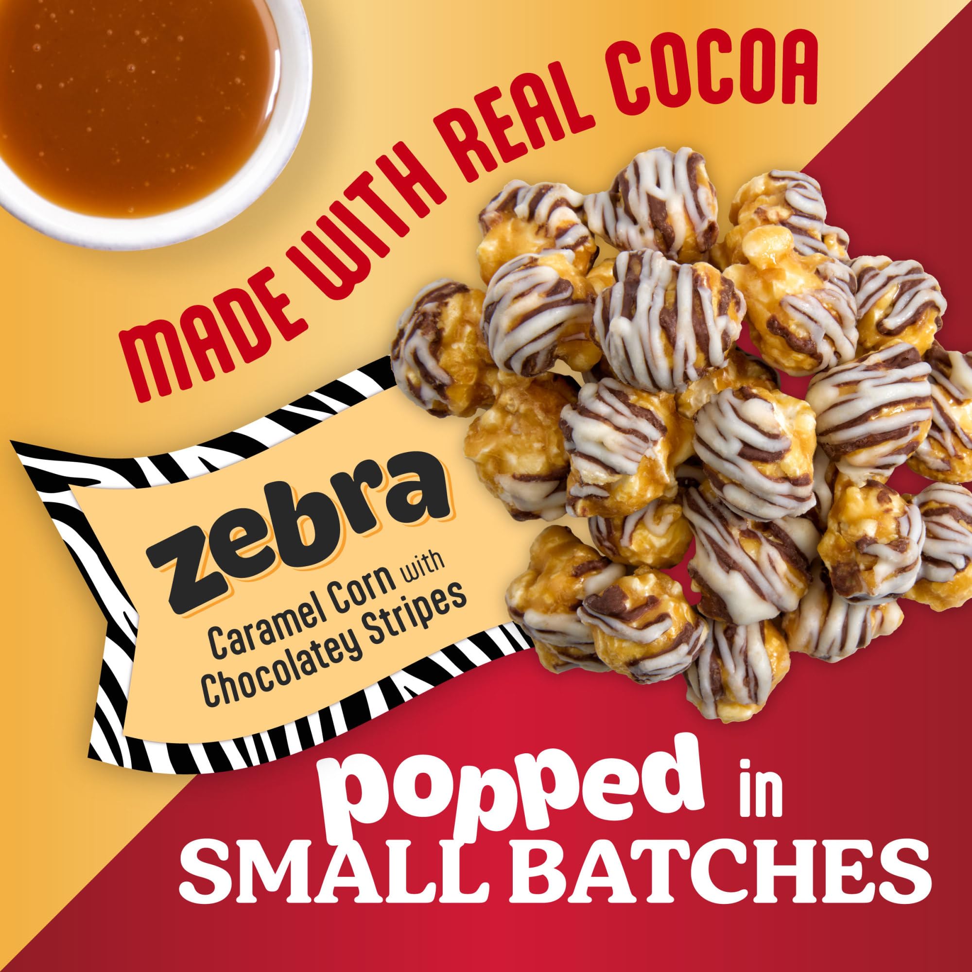 Popcornopolis zebra popcorn texture shot highlighting crunchy caramel and chocolate coating