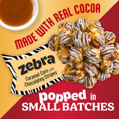 Popcornopolis zebra popcorn texture shot highlighting crunchy caramel and chocolate coating