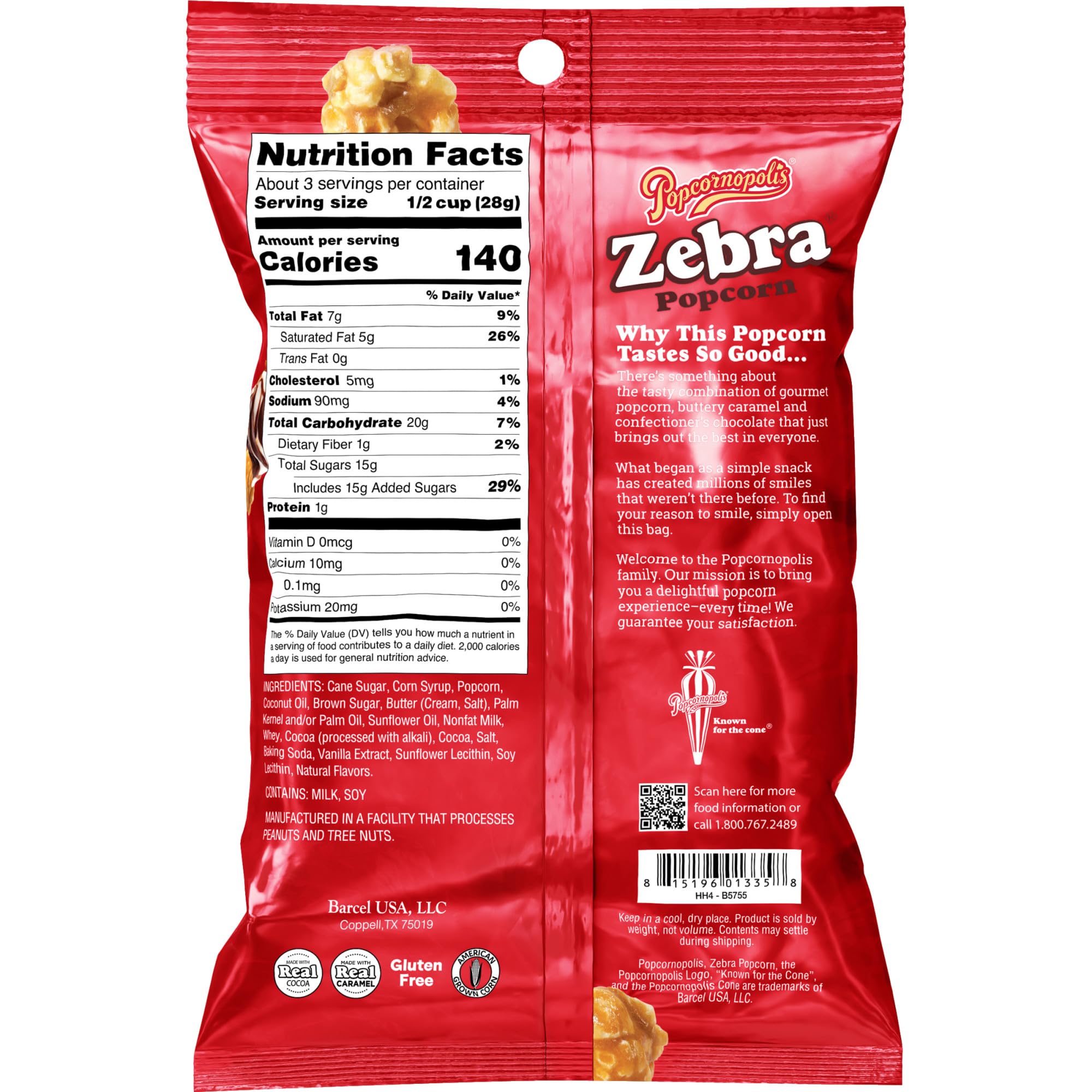 Popcornopolis zebra popcorn single 3 oz bag ready for grab-and-go snacking