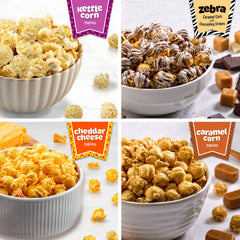 Popcornopolis zebra striped popcorn piece with chocolate drizzle and sweet visual contrast