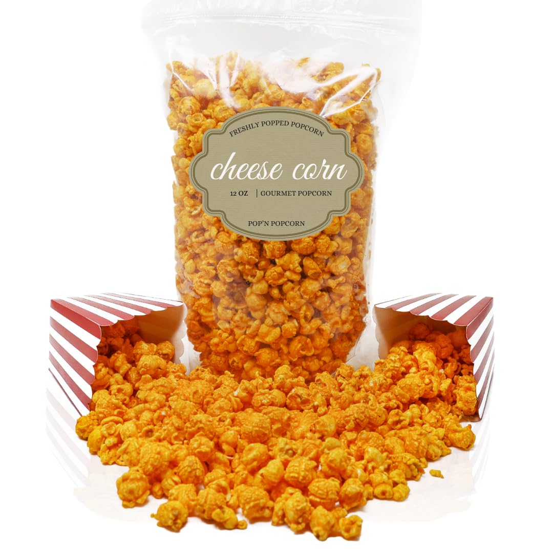 Pop'N Popcorn front packaging showing 12 oz bag and cheesy popcorn inside, fresh appeal
