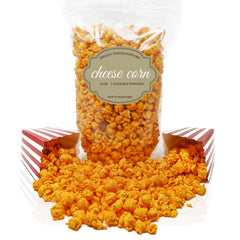 Pop'N Popcorn front packaging showing 12 oz bag and cheesy popcorn inside, fresh appeal
