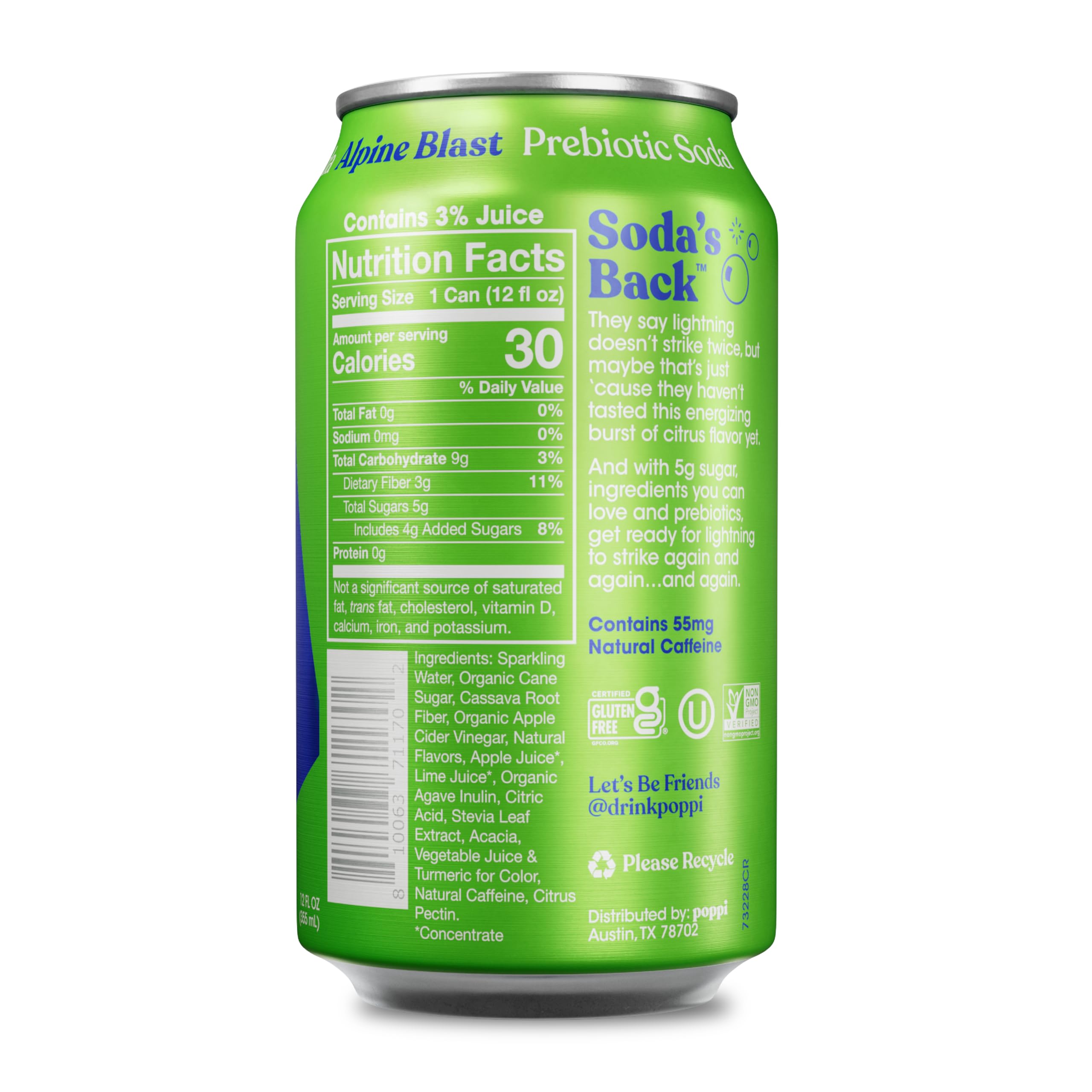 poppi Alpine Blast can close-up displaying label and nutrition facts for informed choice