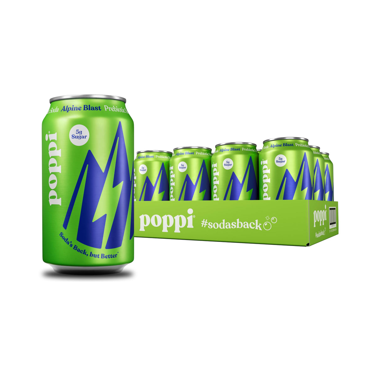 poppi Alpine Blast front packaging showing 12-pack and vibrant can design and refreshing appeal