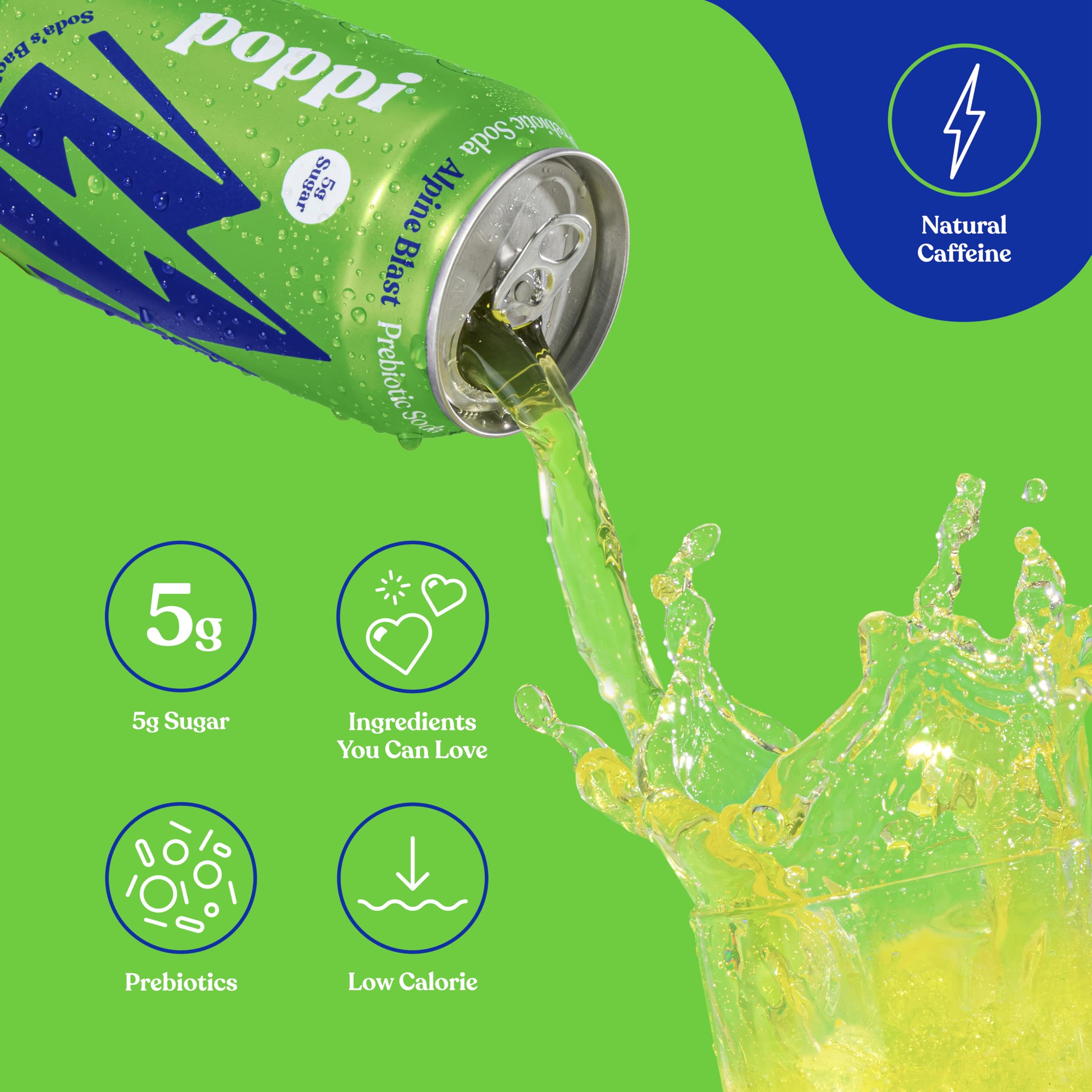 poppi Alpine Blast ingredients detail highlighting prebiotic inulin and cassava fiber benefits