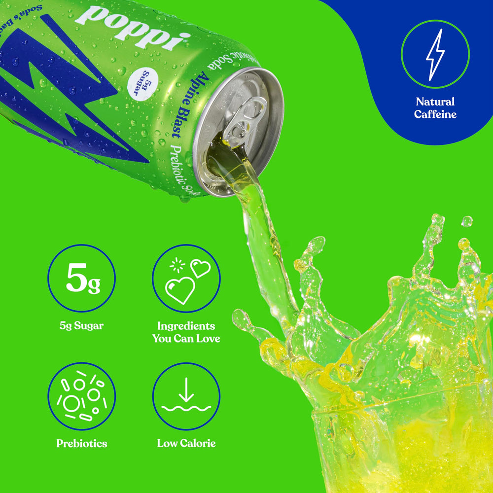 poppi Alpine Blast ingredients detail highlighting prebiotic inulin and cassava fiber benefits