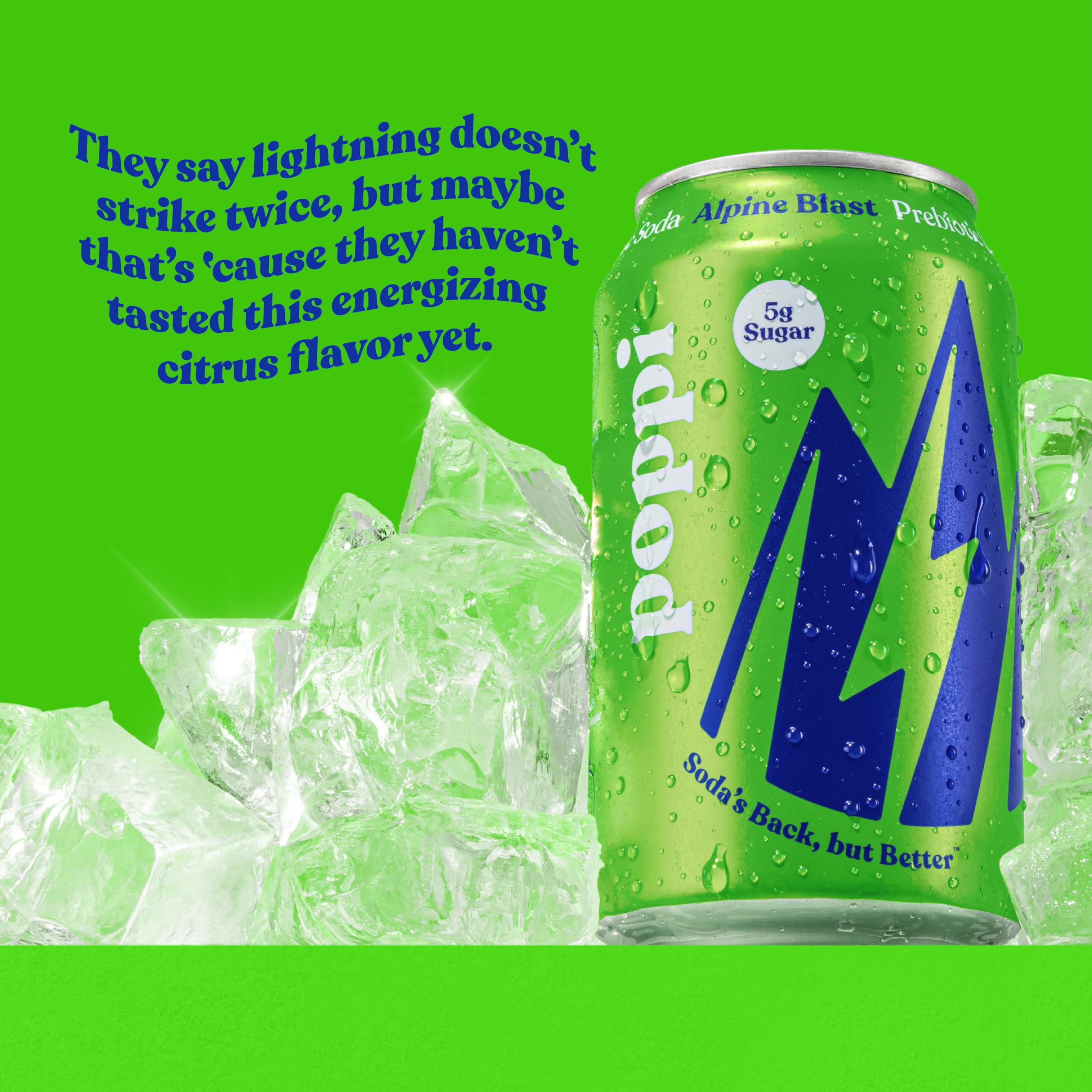 poppi Alpine Blast pouring into glass with ice, showcasing fizz and ready-to-drink refreshment