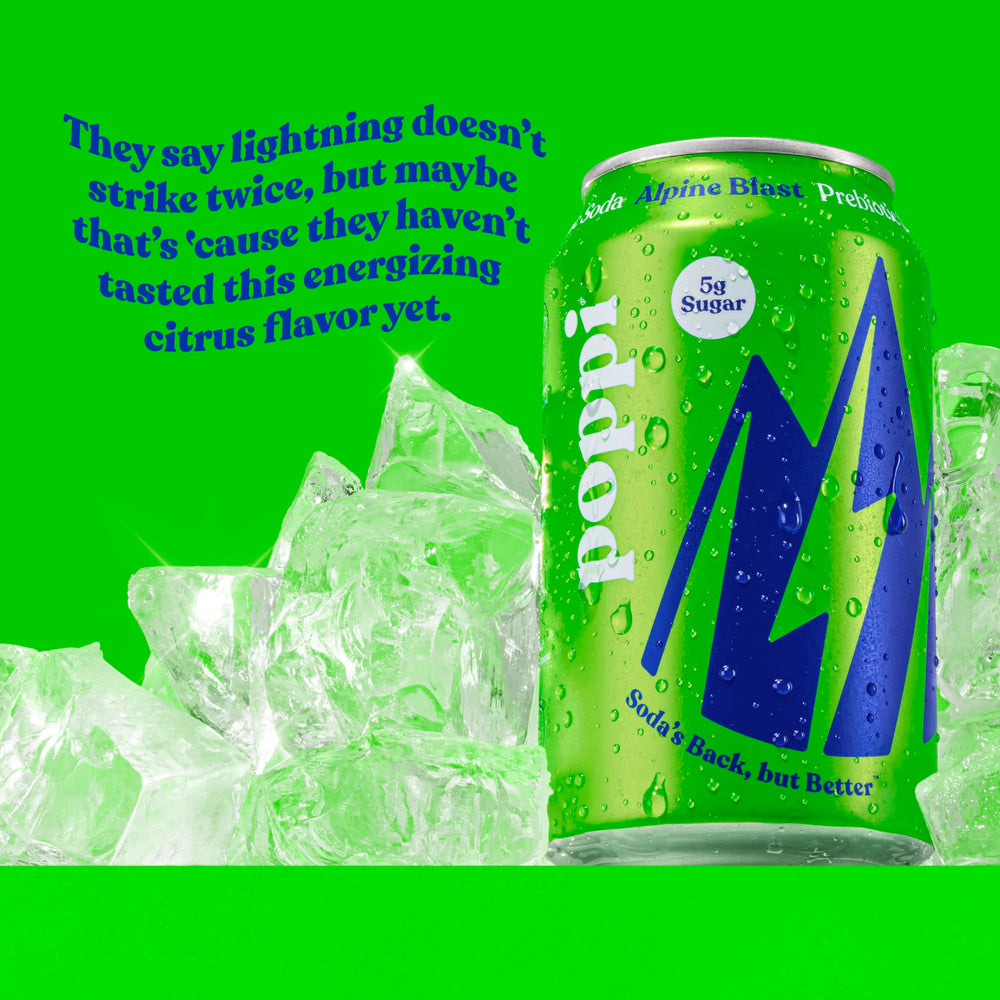 poppi Alpine Blast pouring into glass with ice, showcasing fizz and ready-to-drink refreshment