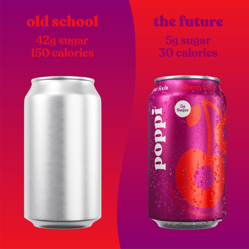 Poppi cherry cola twelve-pack stacked in pantry, demonstrates easy storage and value