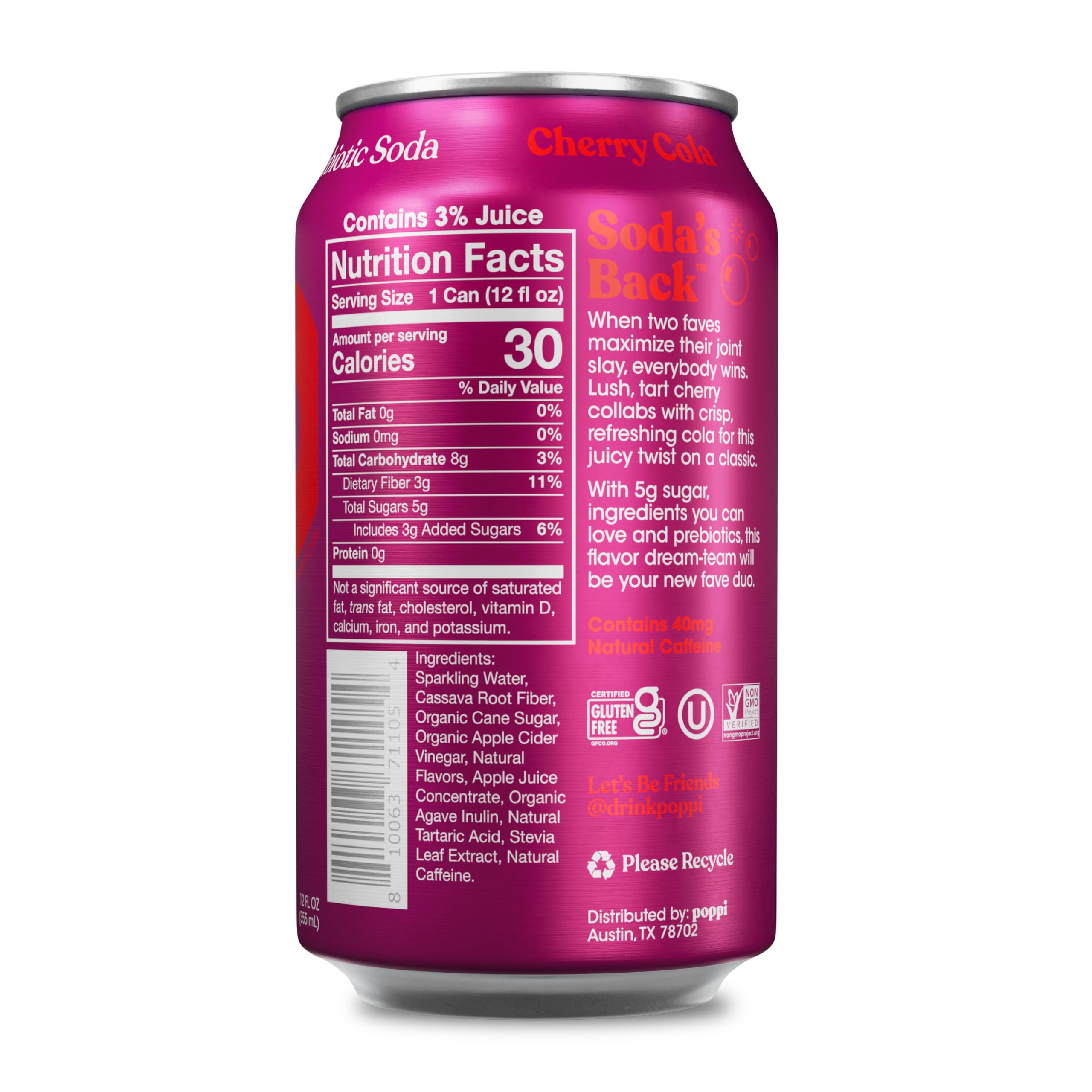 Poppi cherry cola closeup of can texture and label, highlights ingredient clarity