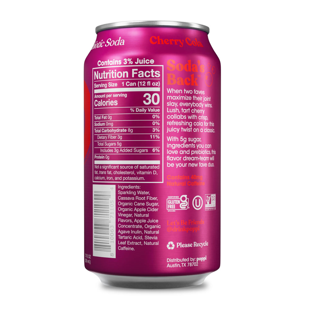 Poppi cherry cola closeup of can texture and label, highlights ingredient clarity