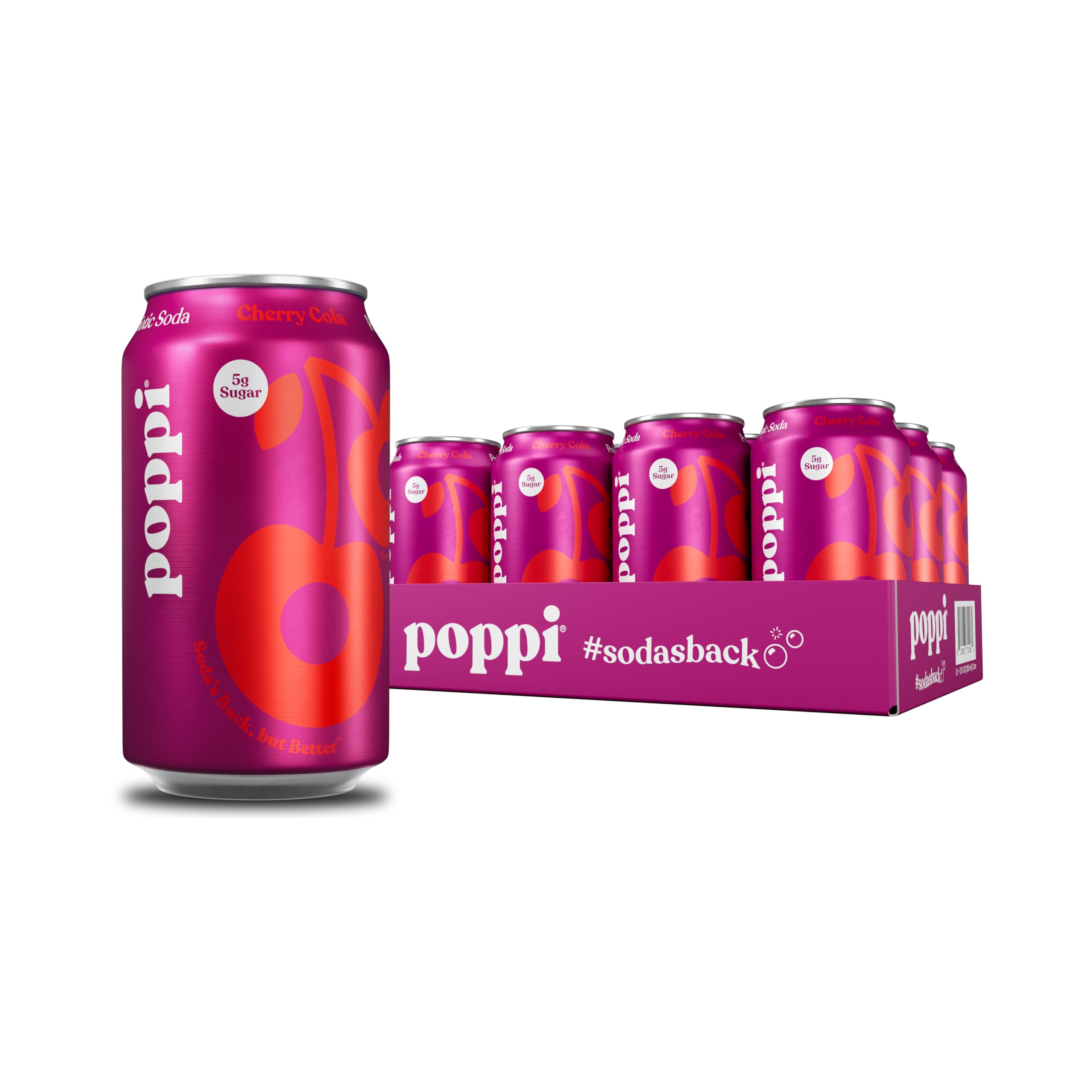 Poppi cherry cola front packaging showing branding and can design, invites tasting