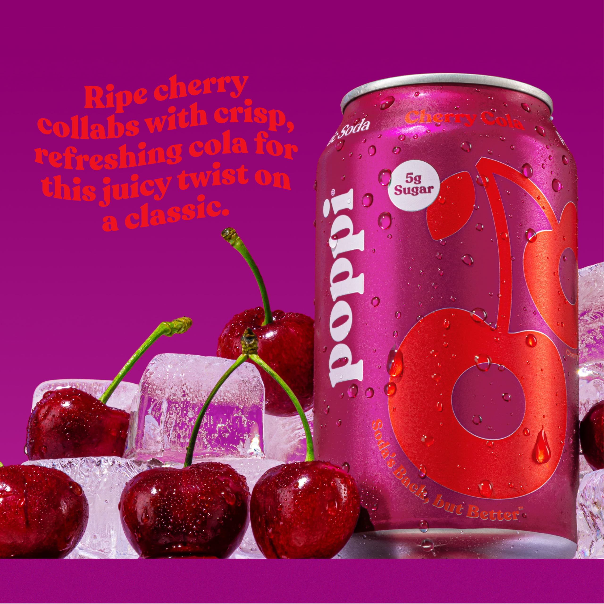 Poppi cherry cola cans in fridge ready to drink, emphasizes chilled convenience