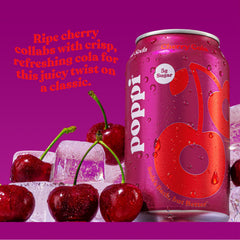 Poppi cherry cola cans in fridge ready to drink, emphasizes chilled convenience