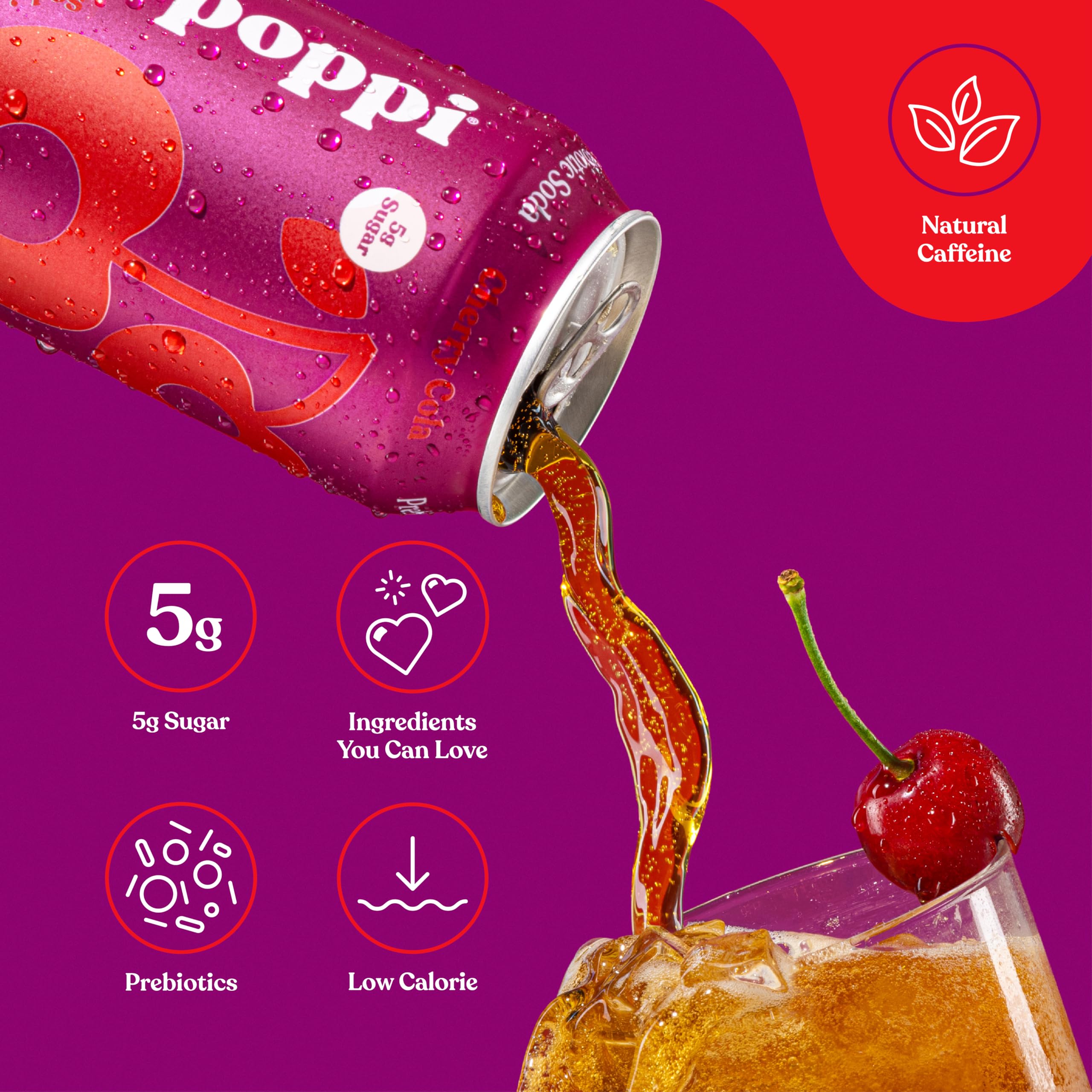 Poppi cherry cola poured into glass with ice, shows bubbly carbonation and refreshment