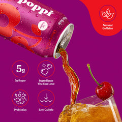 Poppi cherry cola poured into glass with ice, shows bubbly carbonation and refreshment