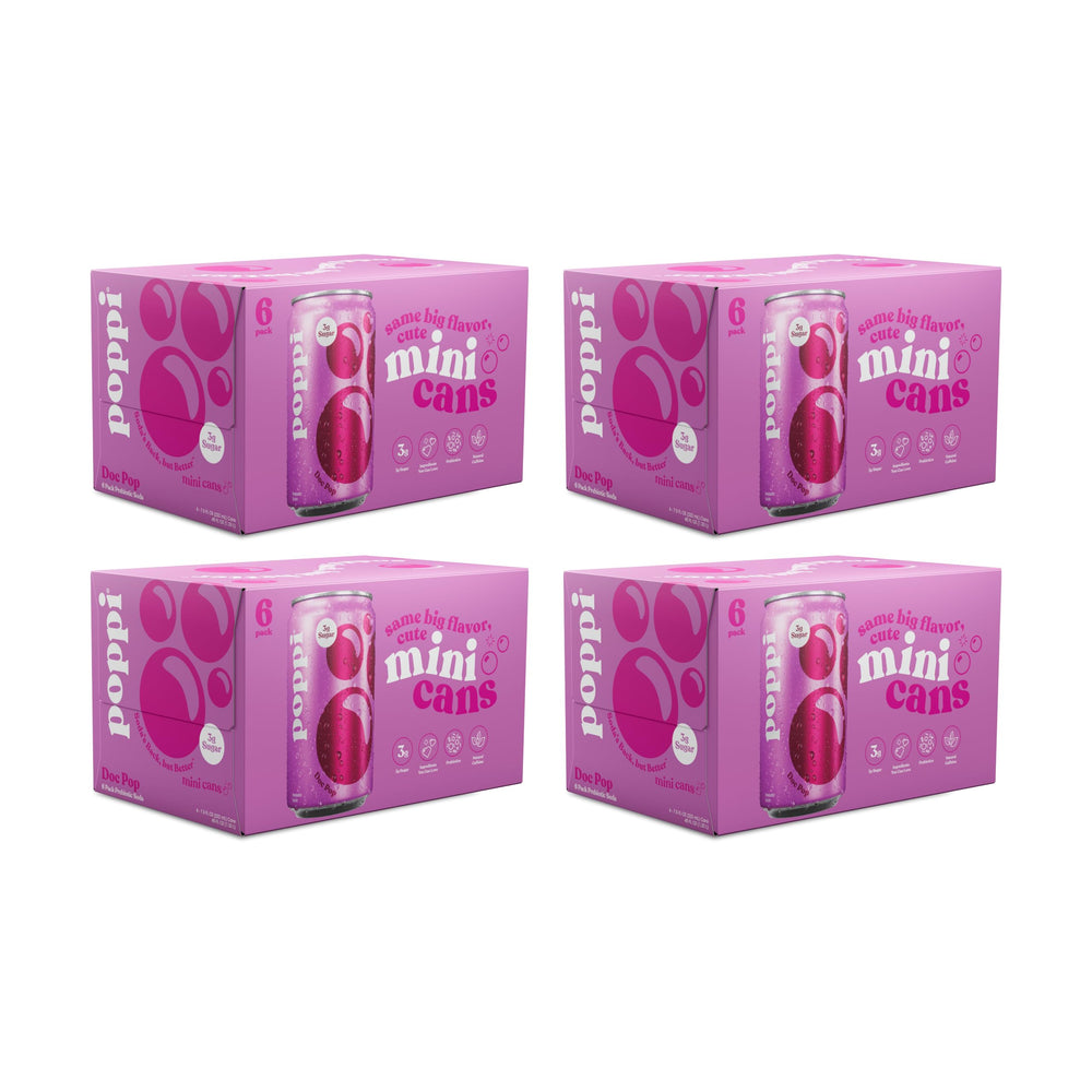 Poppi Doc Pop mini can front showing branding and vibrant color, ideal for quick grab